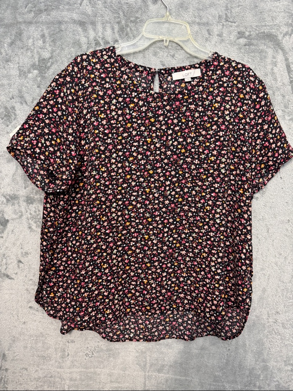 LOFT Black Floral Short-Sleeve Top with Pink and Yellow Ditsy Print